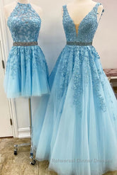Blue Tulle Lace Semi Formal Prom Dresses, Blue Tulle Lace Formal Evening Dresses